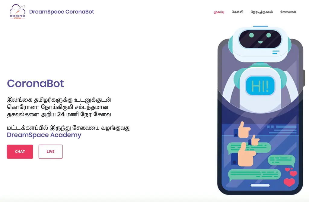CoronaBot — pandemic answers in Tamil, Batticaloa, 2020-03-28.